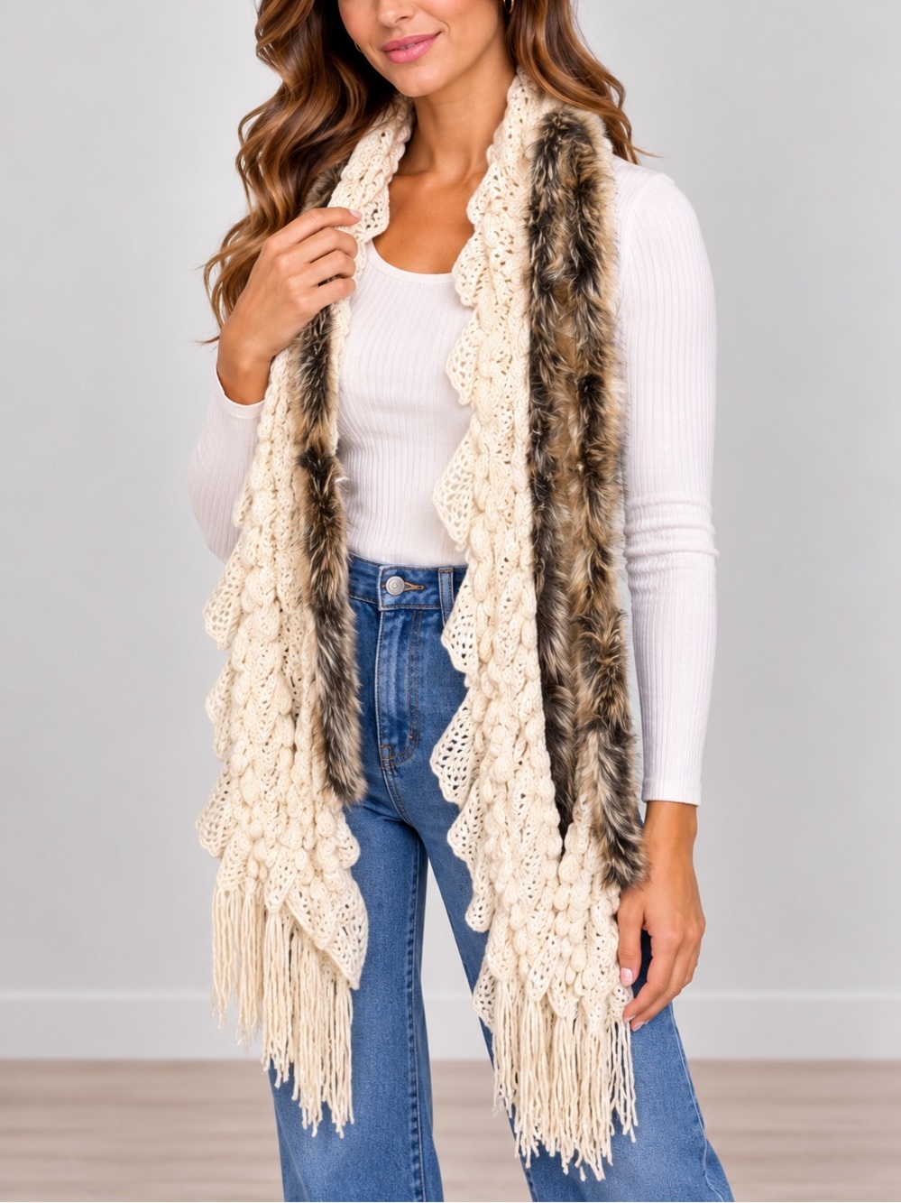 Surell Cream Knit Hooded Scarf with Faux Fur Lined Hood